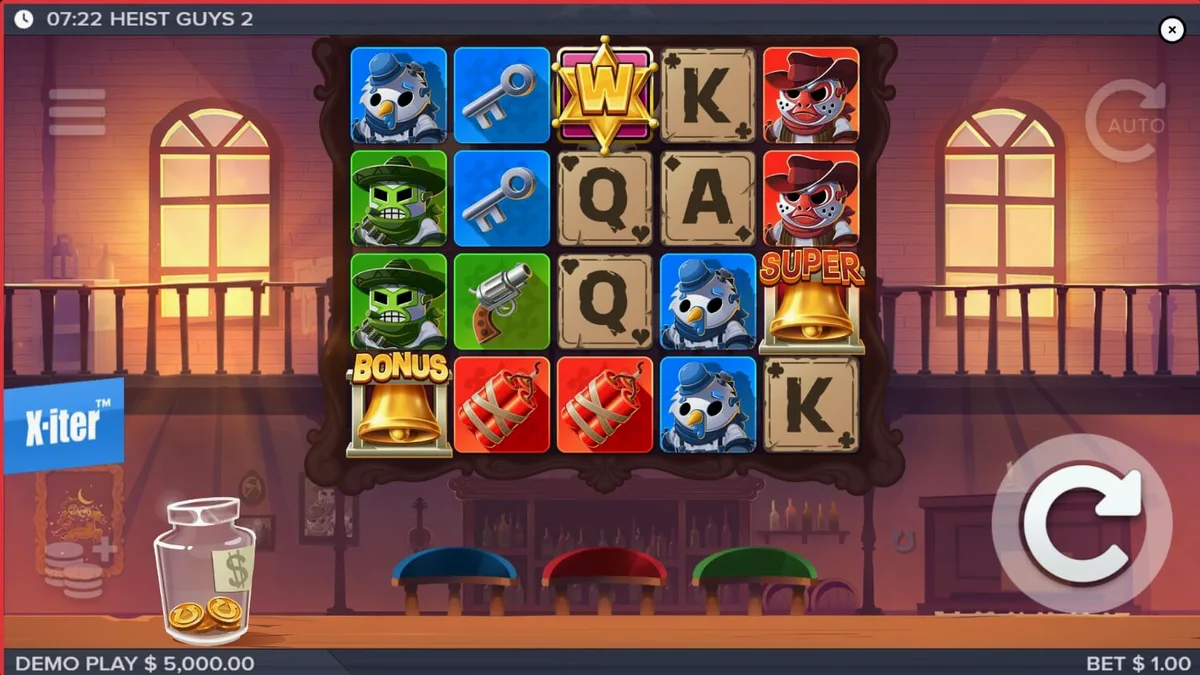 Heist Guys 2 slot game screen featuring the three bandit characters in a western desert setting.